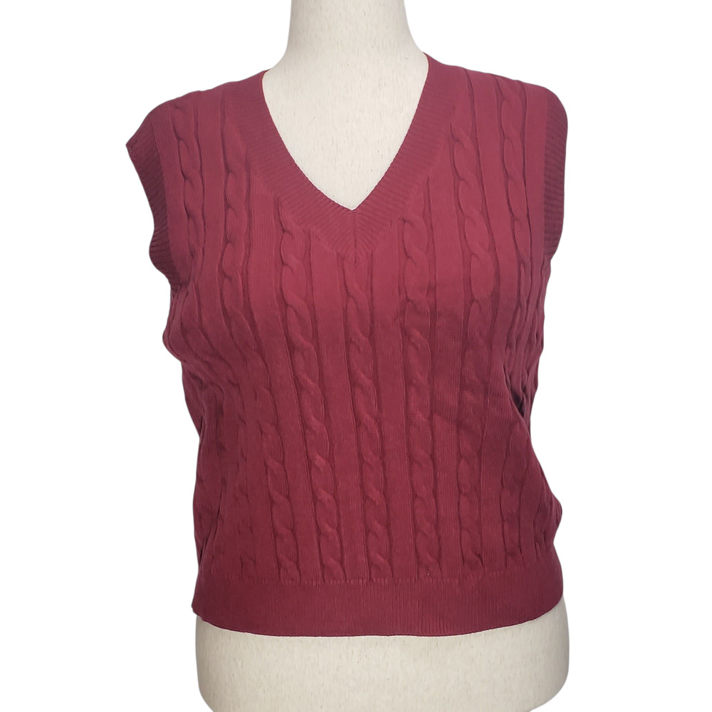 Elesol Burgundy Cable Knit Sleeveless V‑Neck Sweater Women’s XL NWT
